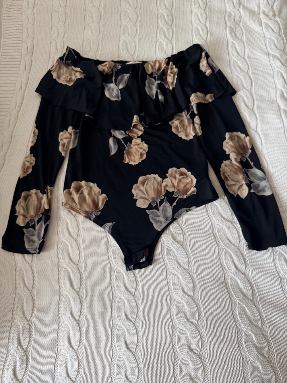 Black Floral Long Sleeve Off the Shoulder Bodysuit Size L Ruffle - Picture 1 of 13